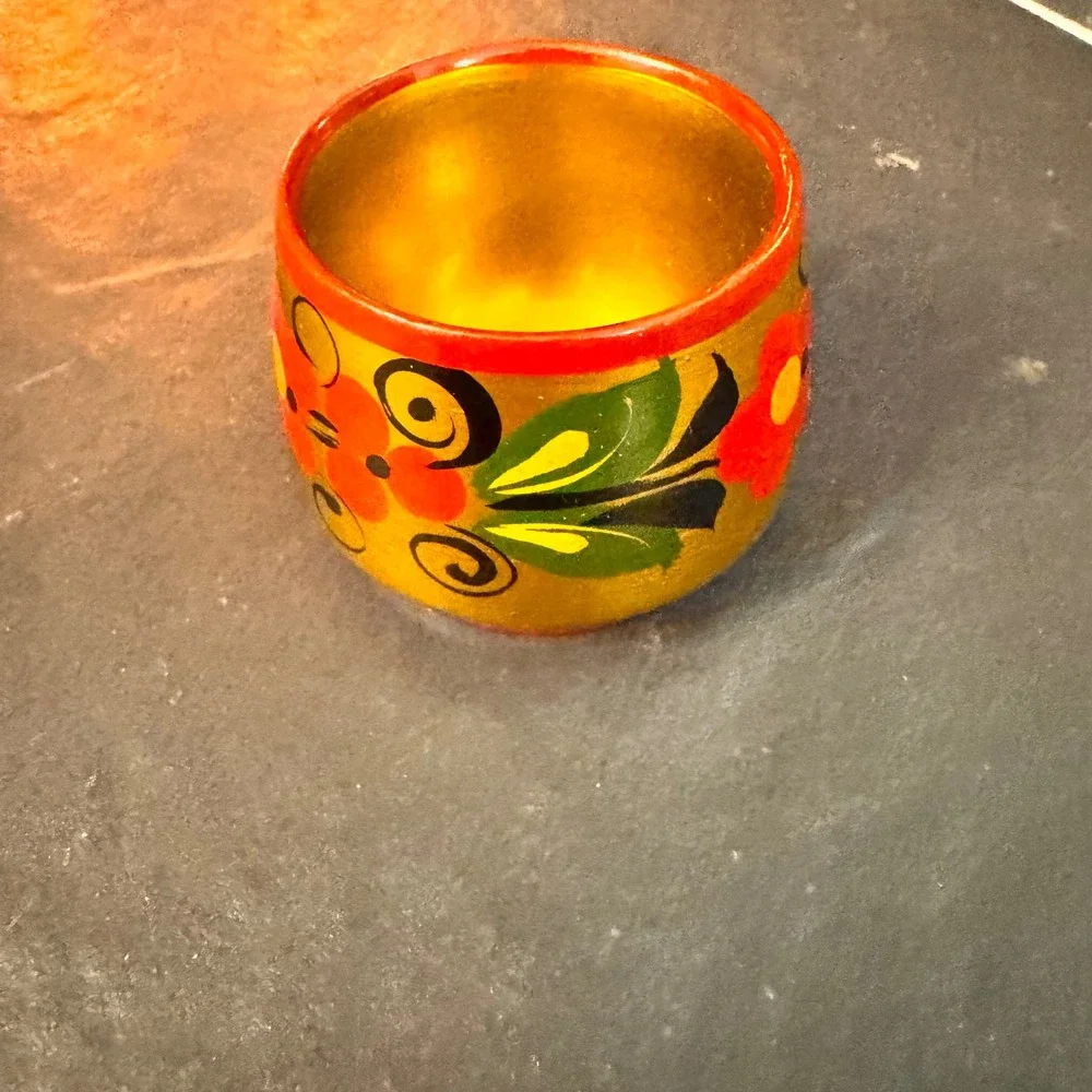 Hand Painted Russian Folk Art Trinket Holder Cup Dish Gold Red Floral Designs‎